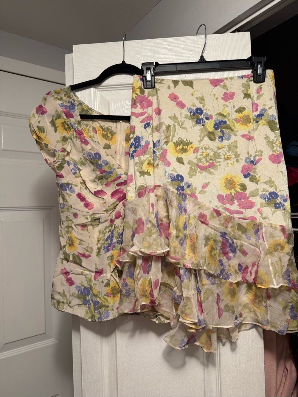 Floral Twist-Front Cap Sleeve Top and Skirt - Pink/Yellow/Blue